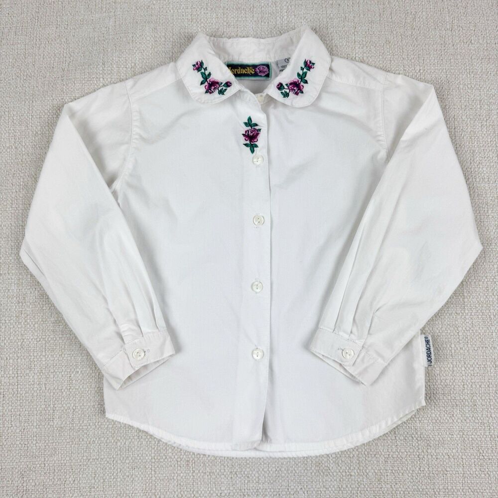 Vintage Jordache Kids Girl's White Floral Embroidered 90s Long Sleeve Shirt